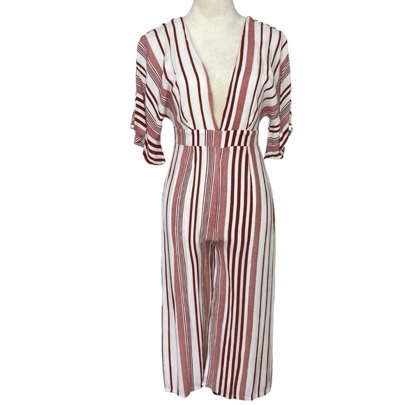 Lulu's Women's Dark Red White Stripped Low Wide Leg Romper Jumpsuit - Picture 2 of 11